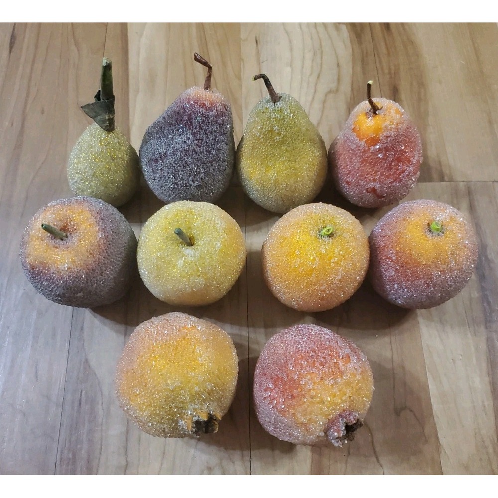 Lot Of 10 Vintage Sugared Beaded Decorative Faux Fruit Pears Apples Pomegranate